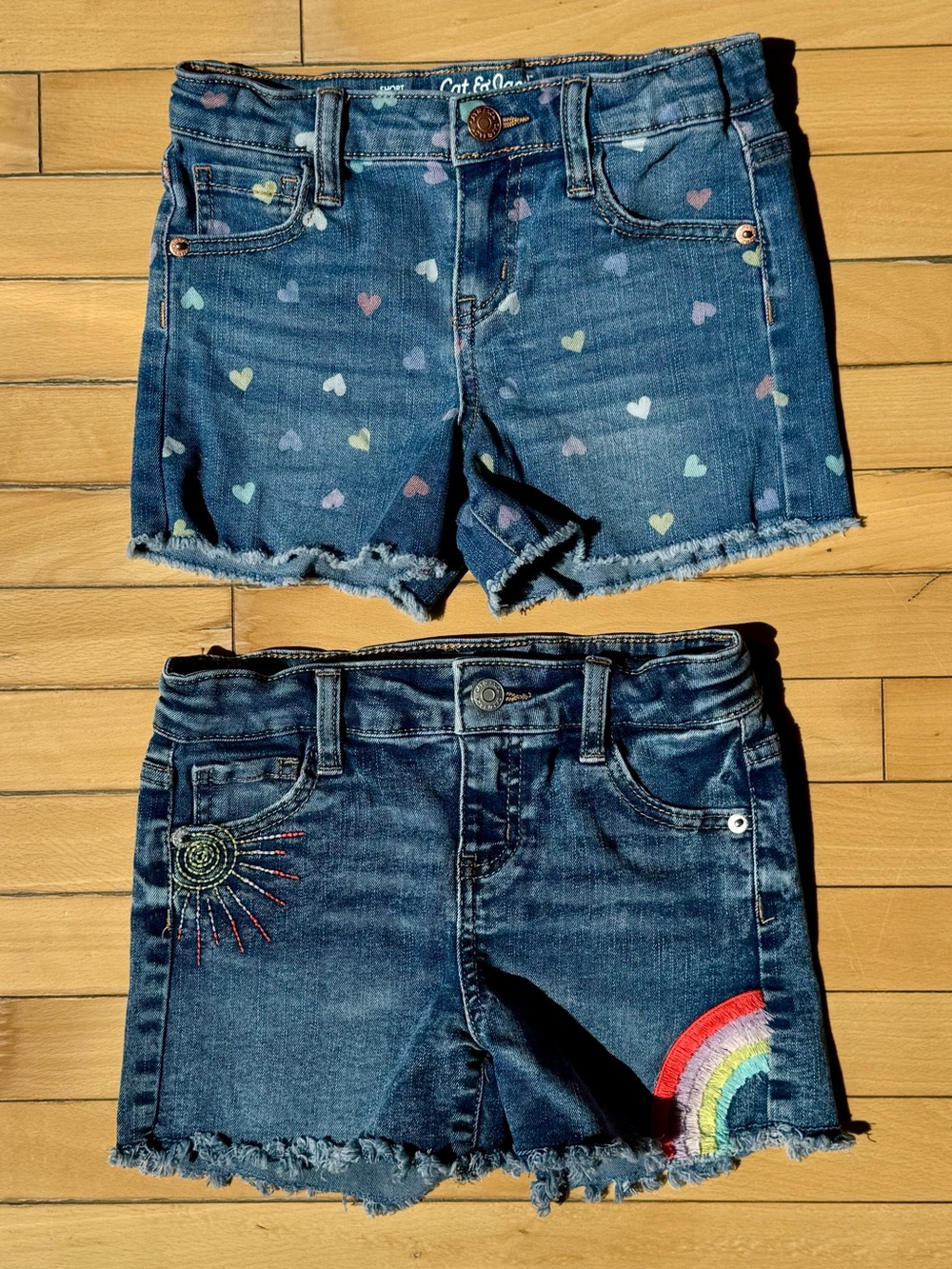 3 for $15 Cat & Jack Dark Blue Denim Shorts with embroidered rainbow and hearts